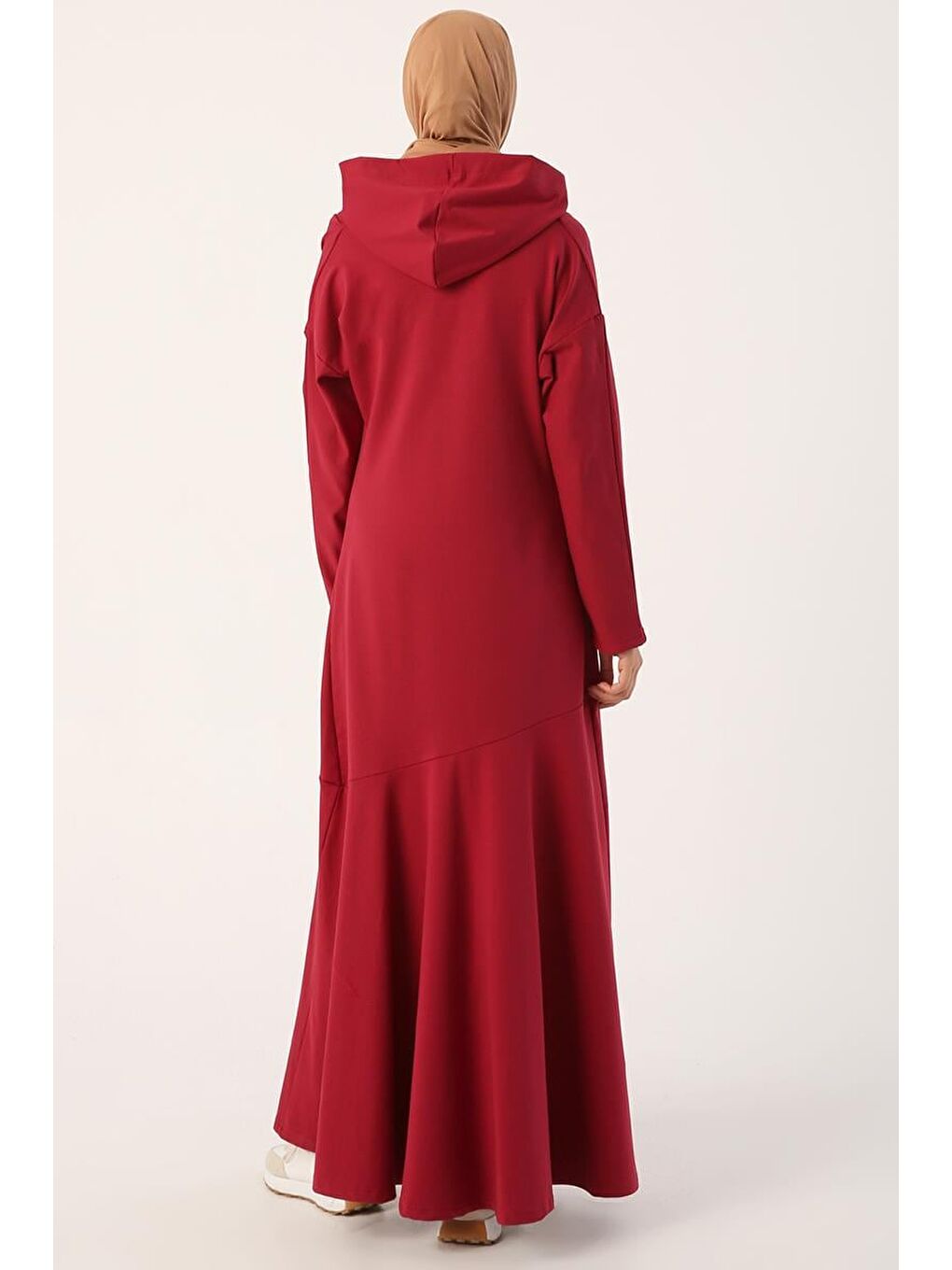 Koyu Bordo Degaje Yaka Kapüşonlu Elbise-3