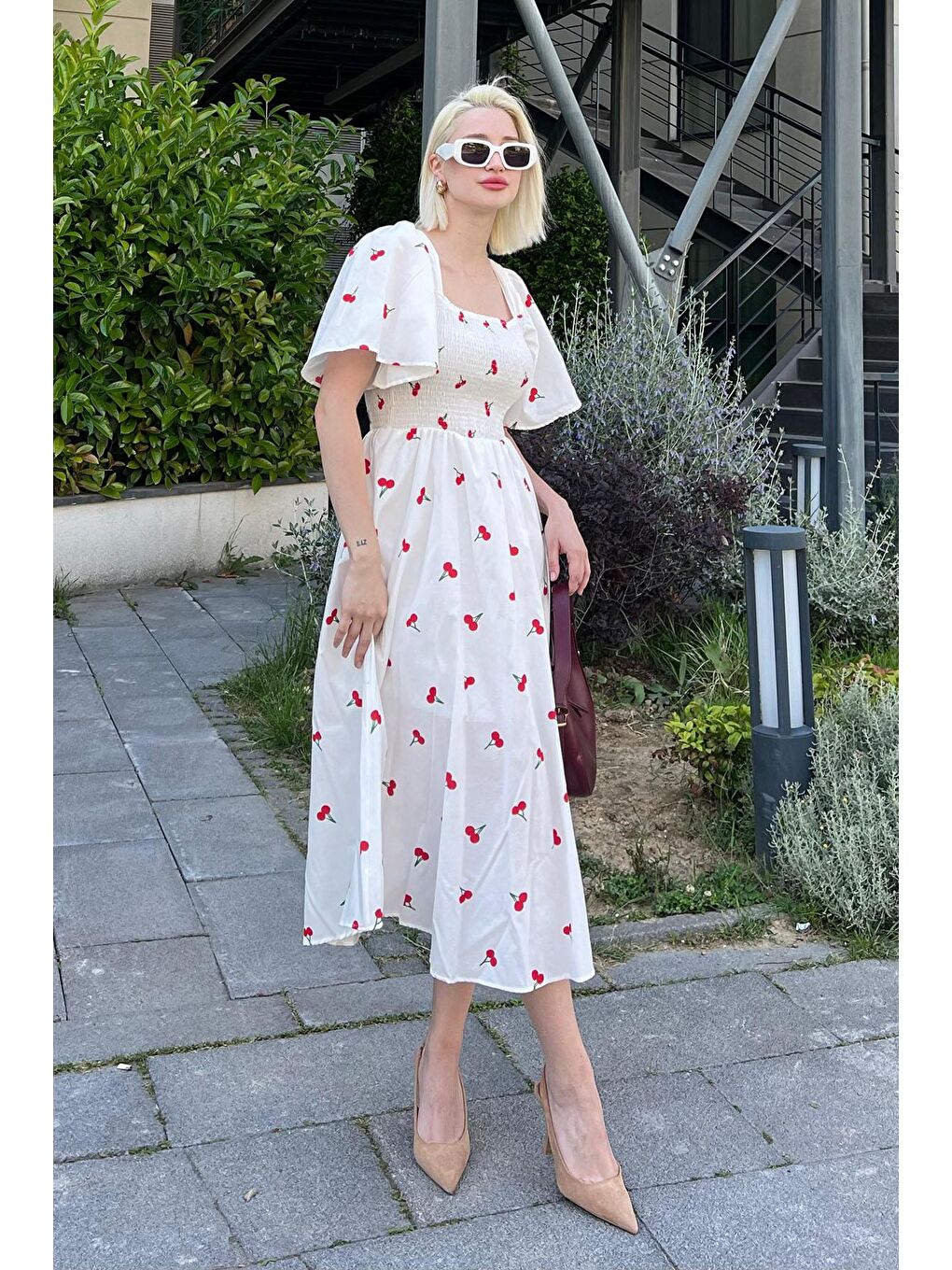 Beyaz Desenli Belden Lastikli Midi Elbise - Mg2101