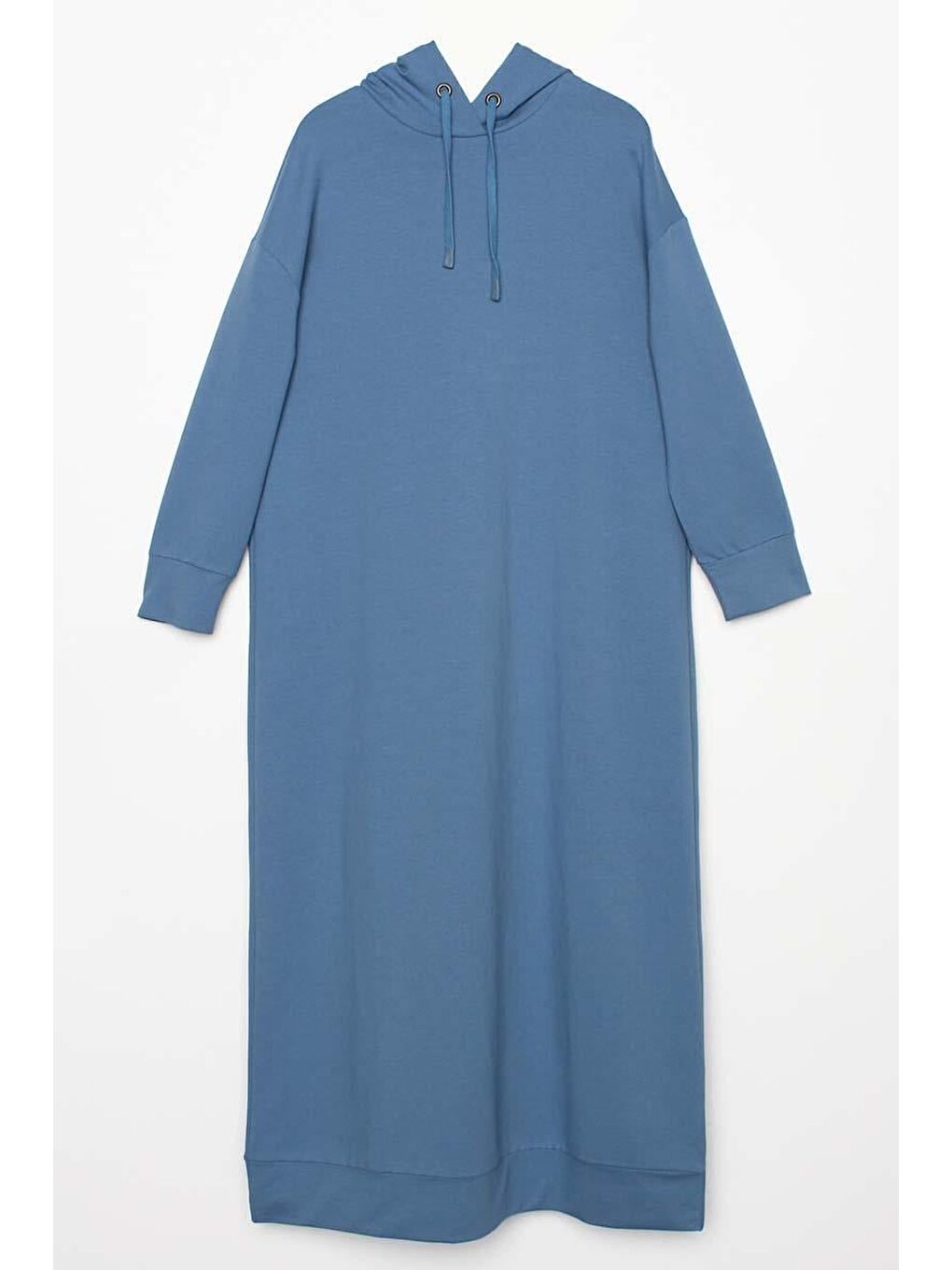 Mavi-Kapüşonlu Elastanlı Örme Elbise-5