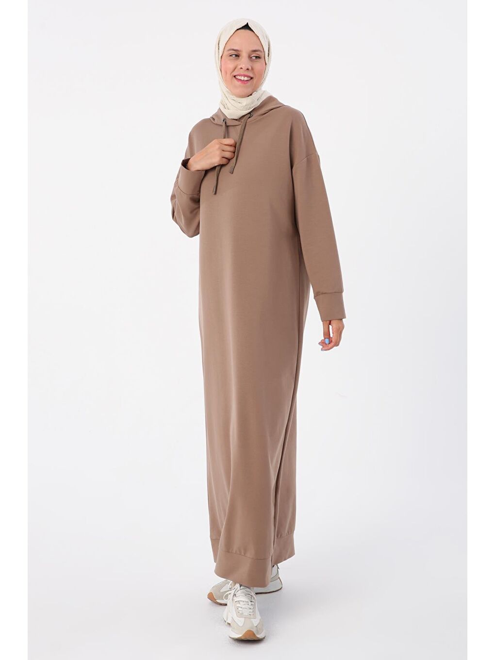Bej Vizon Basic Kapüşonlu Örme Pamuklu Elbise
