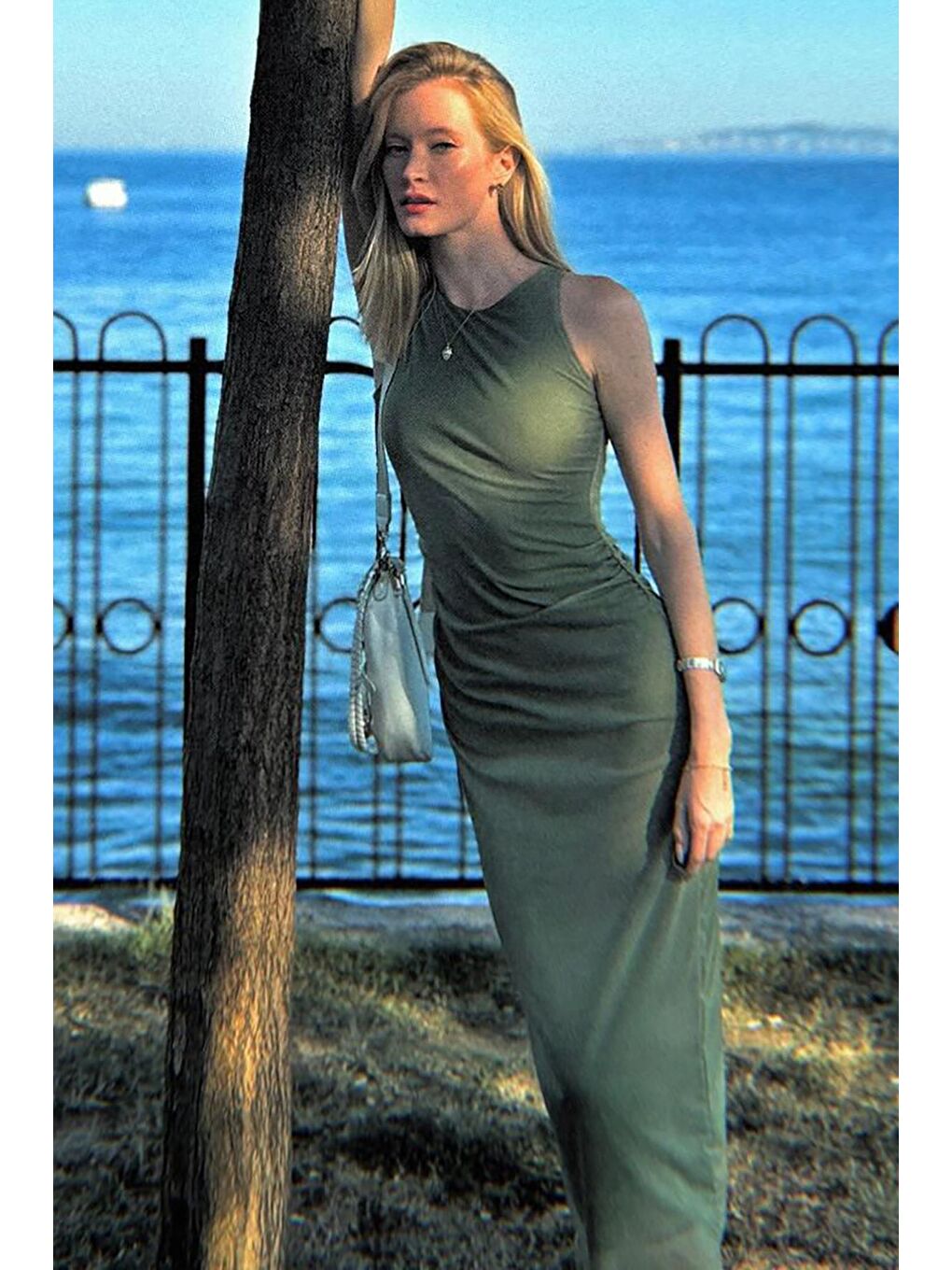 Yeşil Desenli File Yüksek Yaka Maxi Elbise Mg2097-1