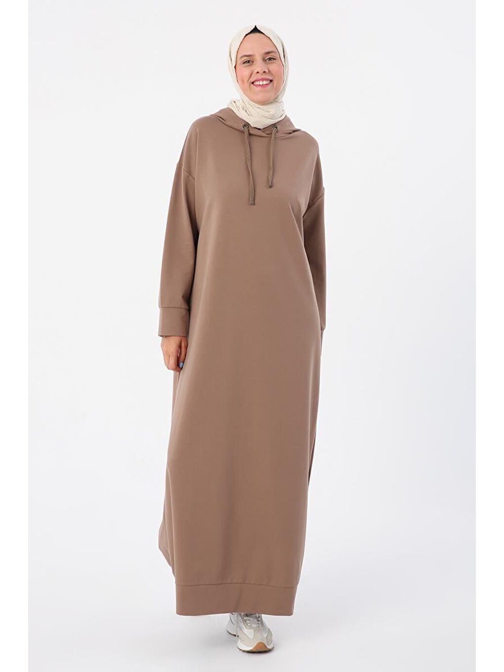Bej Vizon Basic Kapüşonlu Örme Pamuklu Elbise-1