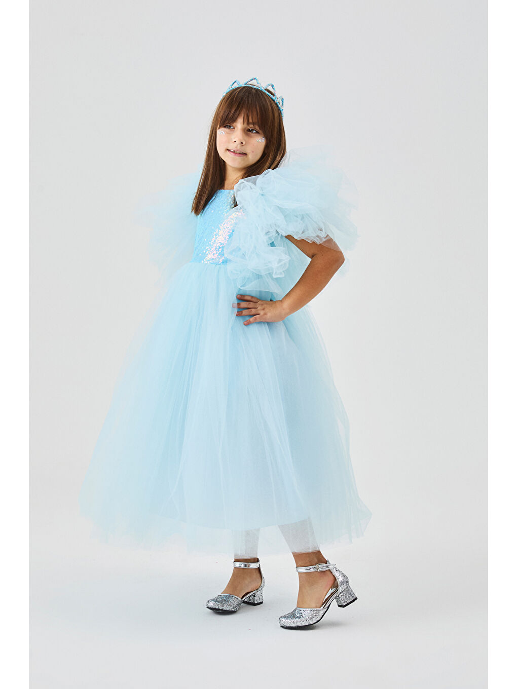 Mavi Önü Pullu Kız Çocuk Tül Elbise - Halsey-1