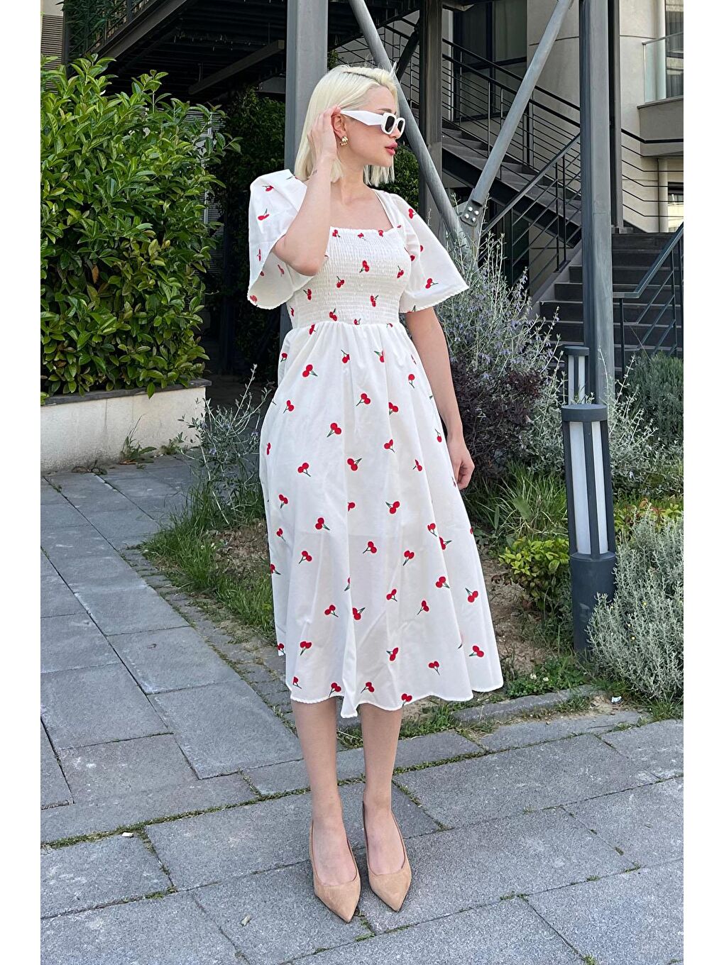 Beyaz Desenli Belden Lastikli Midi Elbise - Mg2101-1