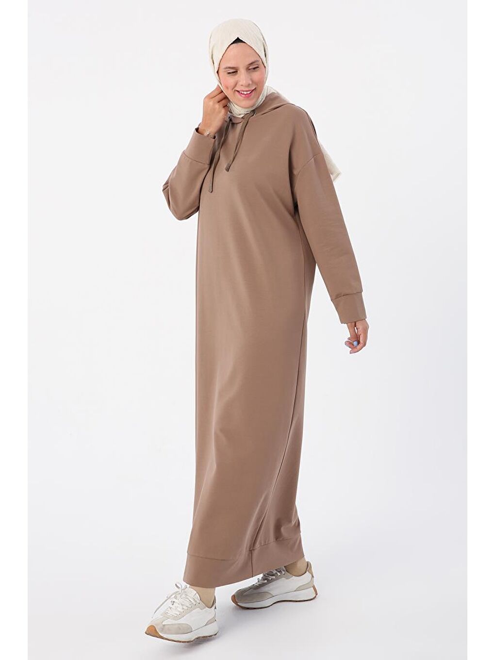 Bej Vizon Basic Kapüşonlu Örme Pamuklu Elbise-2