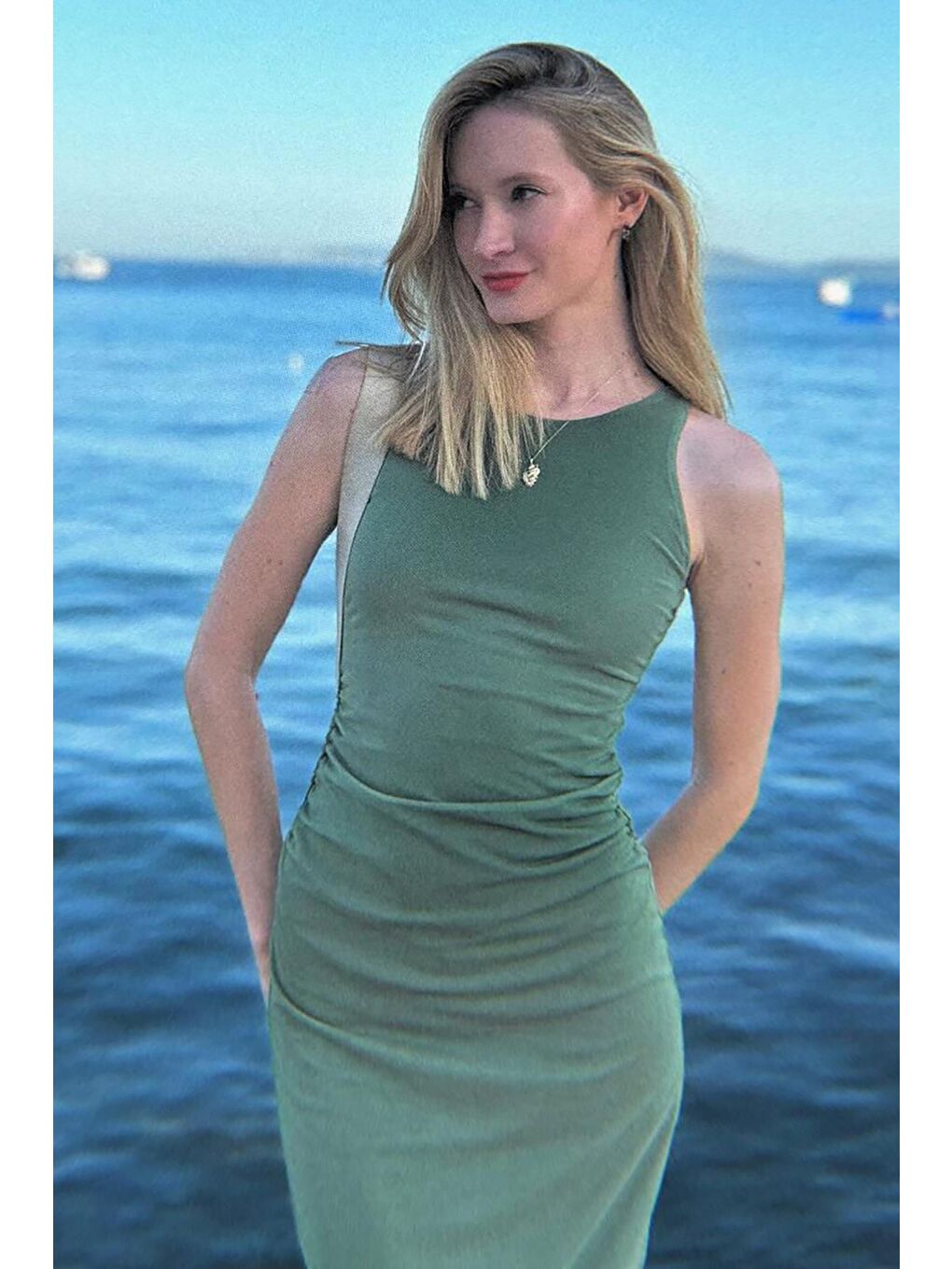 Yeşil Desenli File Yüksek Yaka Maxi Elbise Mg2097-3