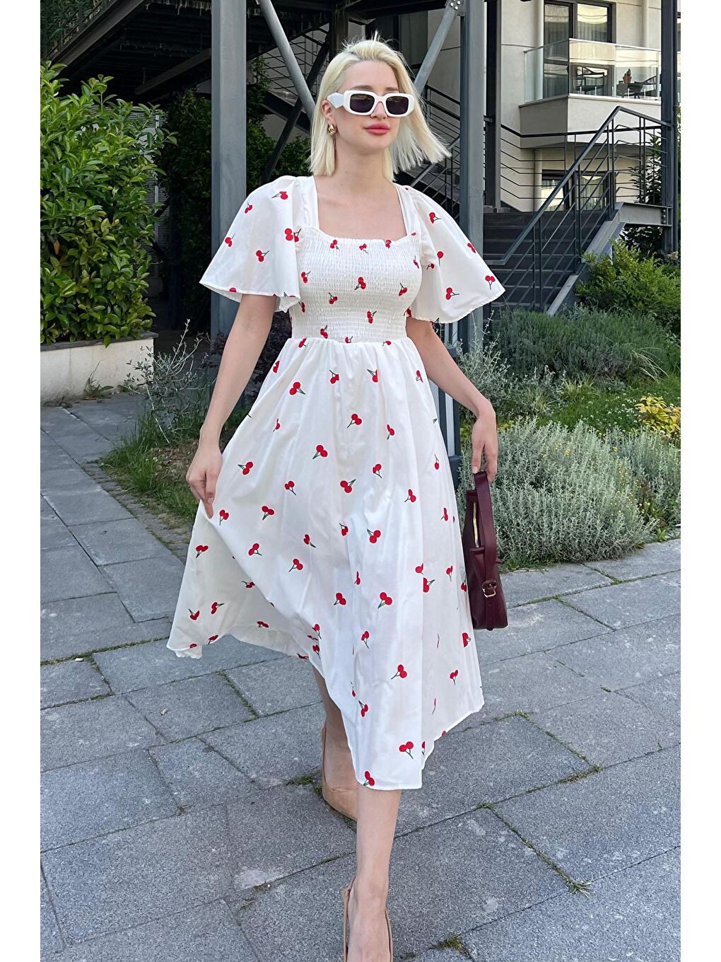 Beyaz Desenli Belden Lastikli Midi Elbise - Mg2101-2