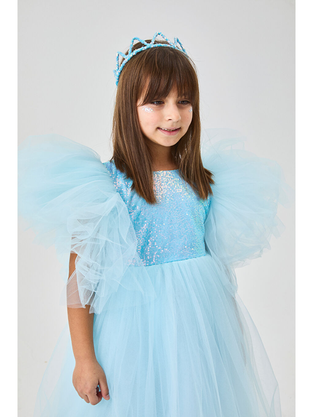 Mavi Önü Pullu Kız Çocuk Tül Elbise - Halsey-2