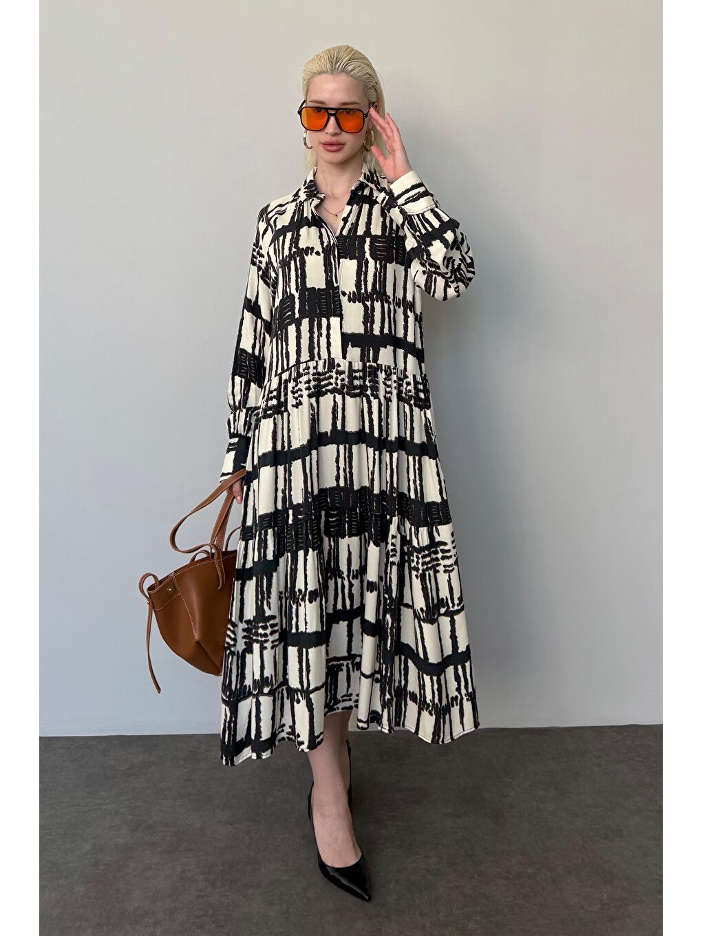 Ekru Uzun Kollu Düğmeli Desenli Elbise Mg2430-1