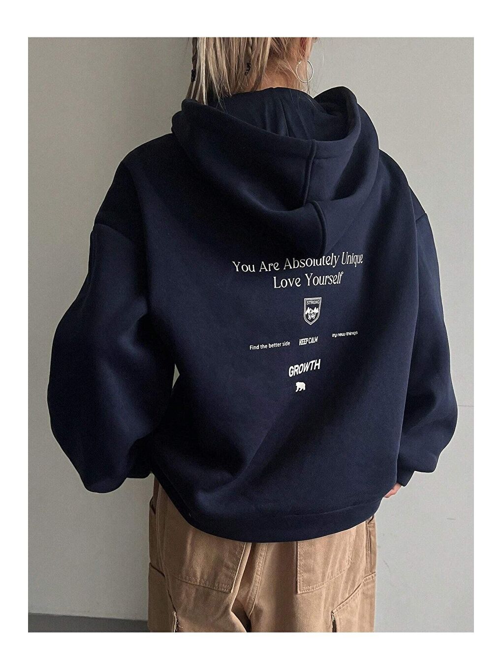 Trendseninle Lacivert Kadın LACİVERT Calm Growth Baskılı Oversize Kapüşonlu Sweatshirt