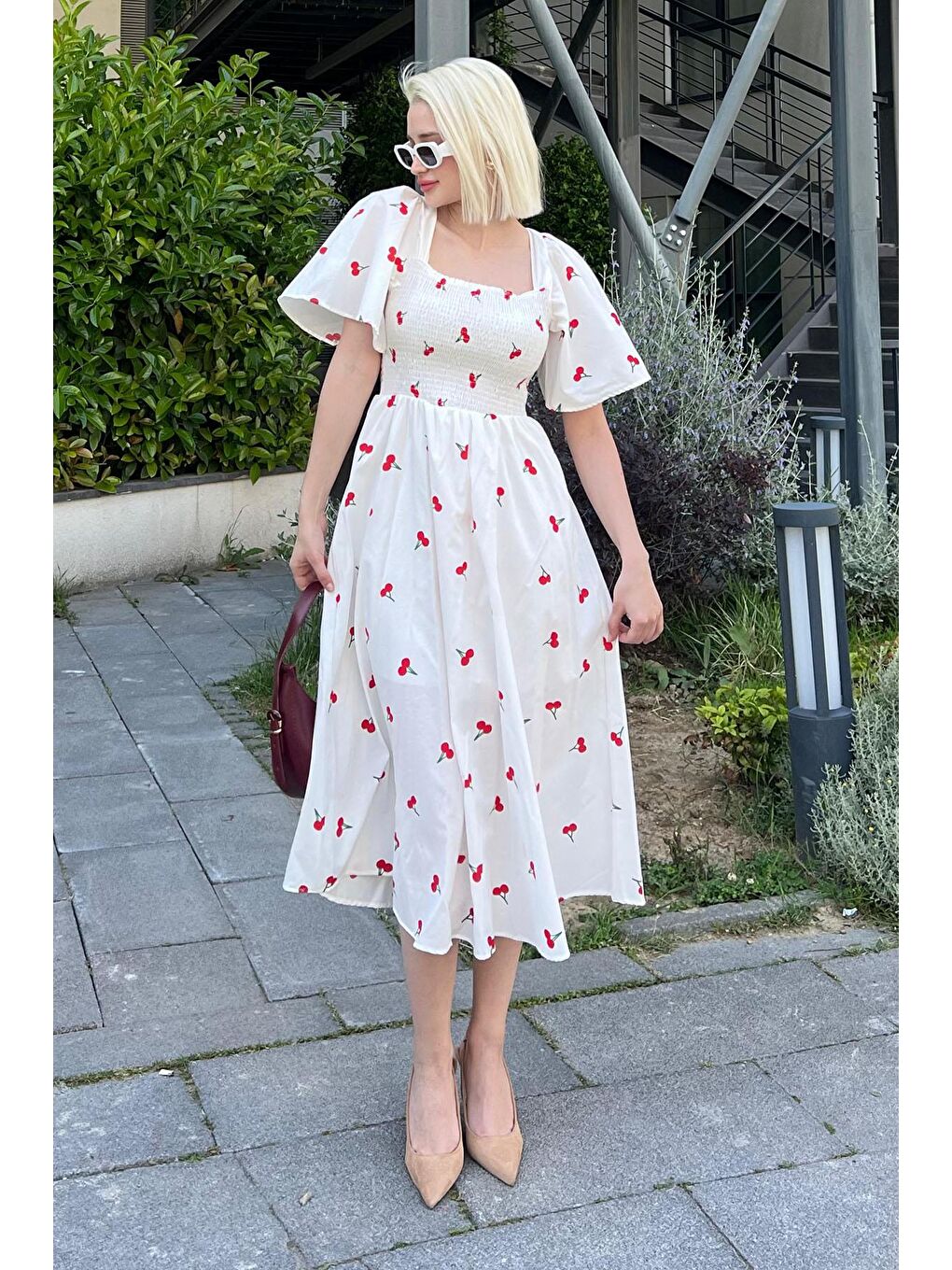 Beyaz Desenli Belden Lastikli Midi Elbise - Mg2101-3