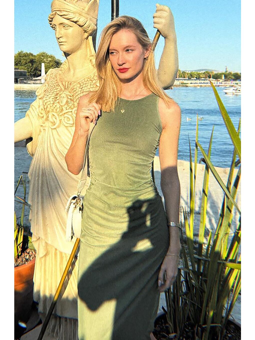 Yeşil Desenli File Yüksek Yaka Maxi Elbise Mg2097-5