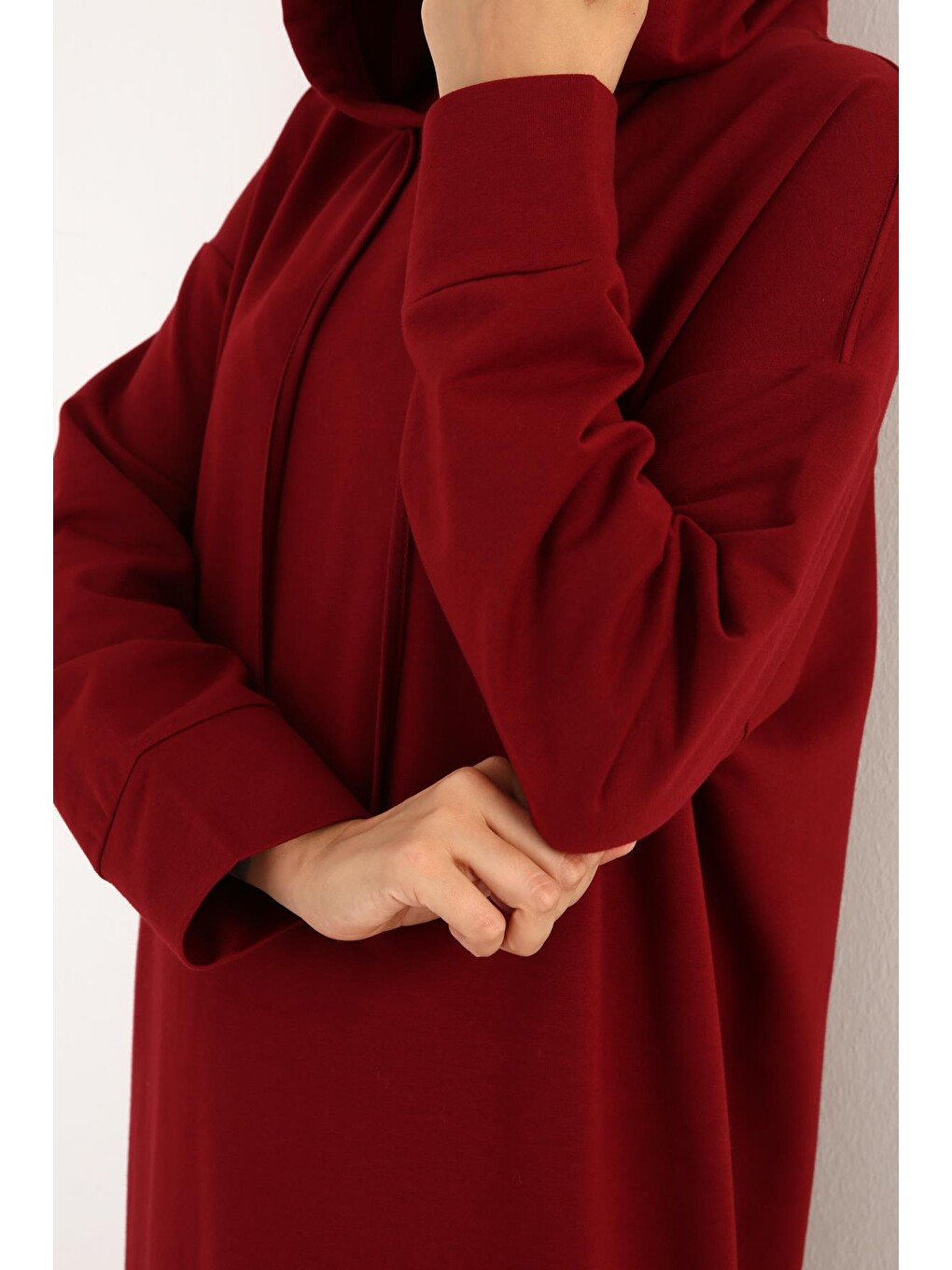 Bordo-kapüşonlu Elastanlı Örme Elbise-3