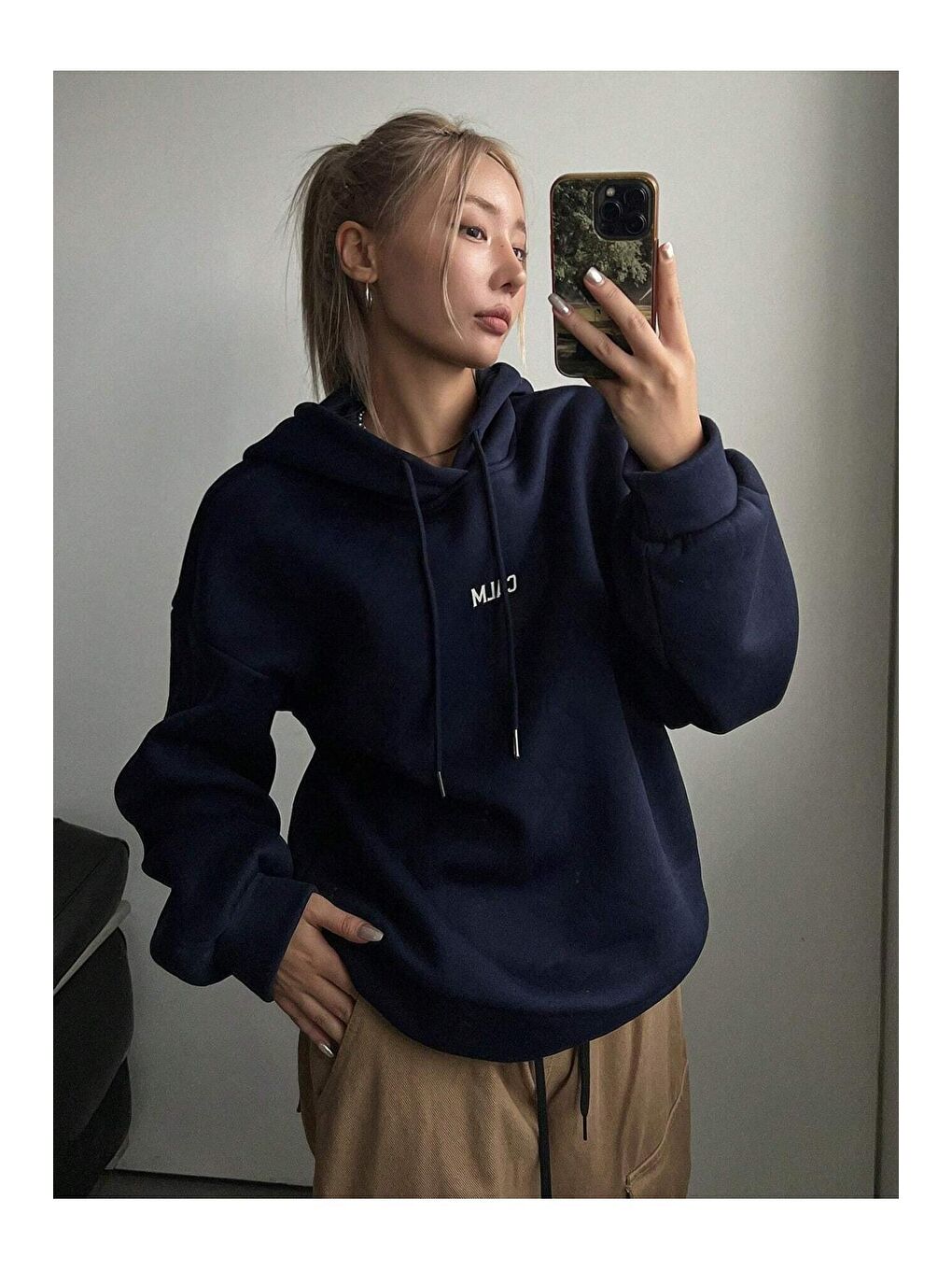 Trendseninle Lacivert Kadın LACİVERT Calm Growth Baskılı Oversize Kapüşonlu Sweatshirt - 1