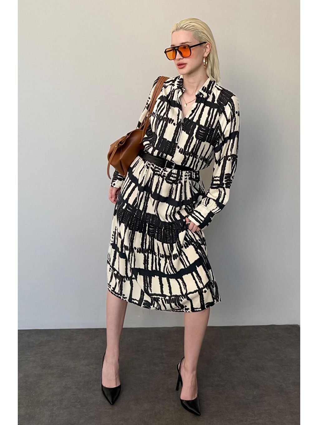 Ekru Uzun Kollu Düğmeli Desenli Elbise Mg2430-2