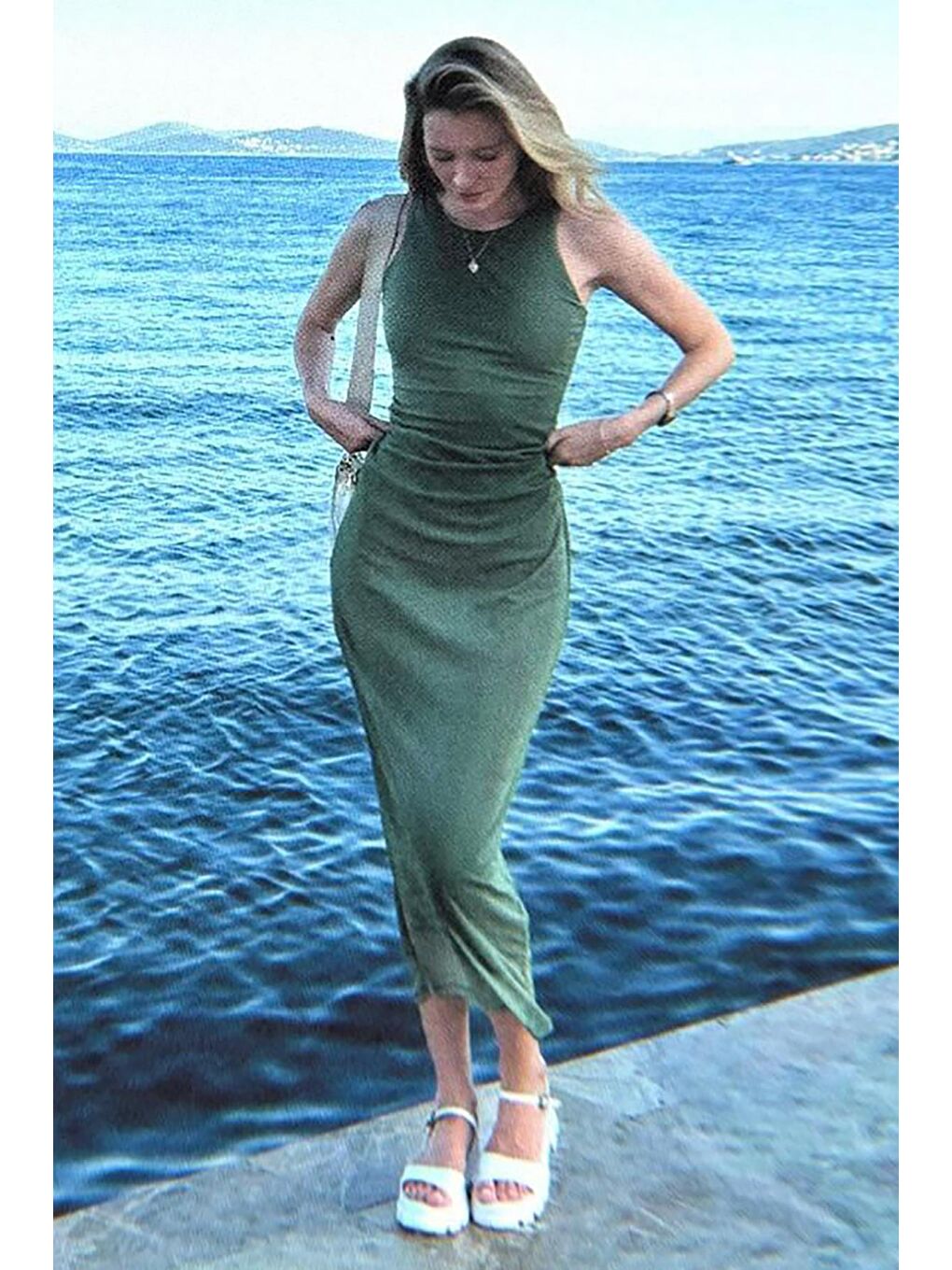 Yeşil Desenli File Yüksek Yaka Maxi Elbise Mg2097-7