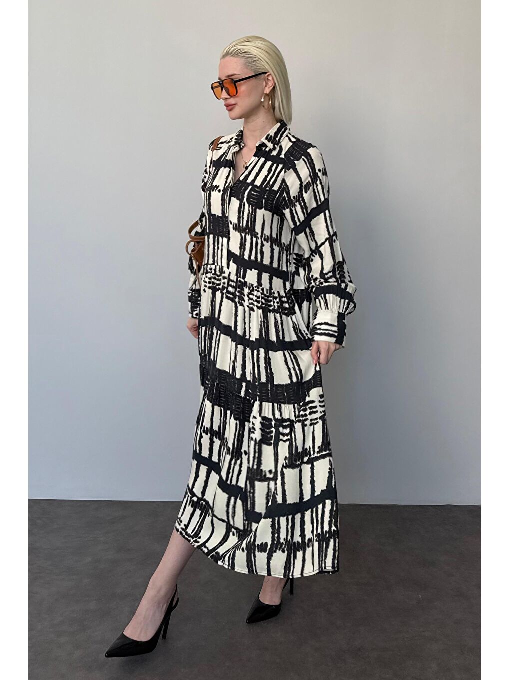 Ekru Uzun Kollu Düğmeli Desenli Elbise Mg2430-3