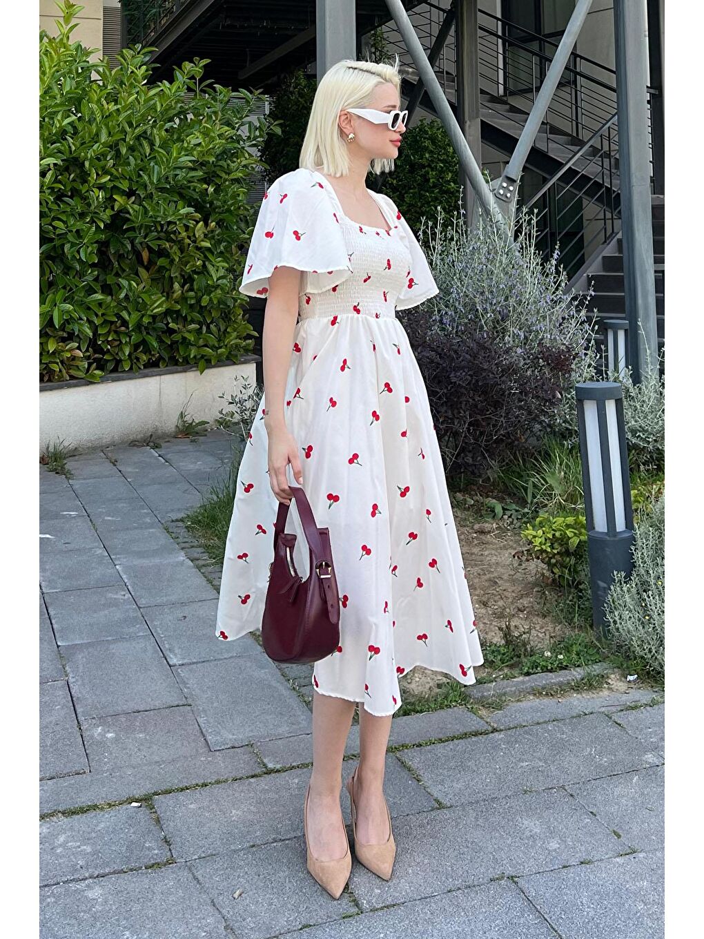 Beyaz Desenli Belden Lastikli Midi Elbise - Mg2101-5