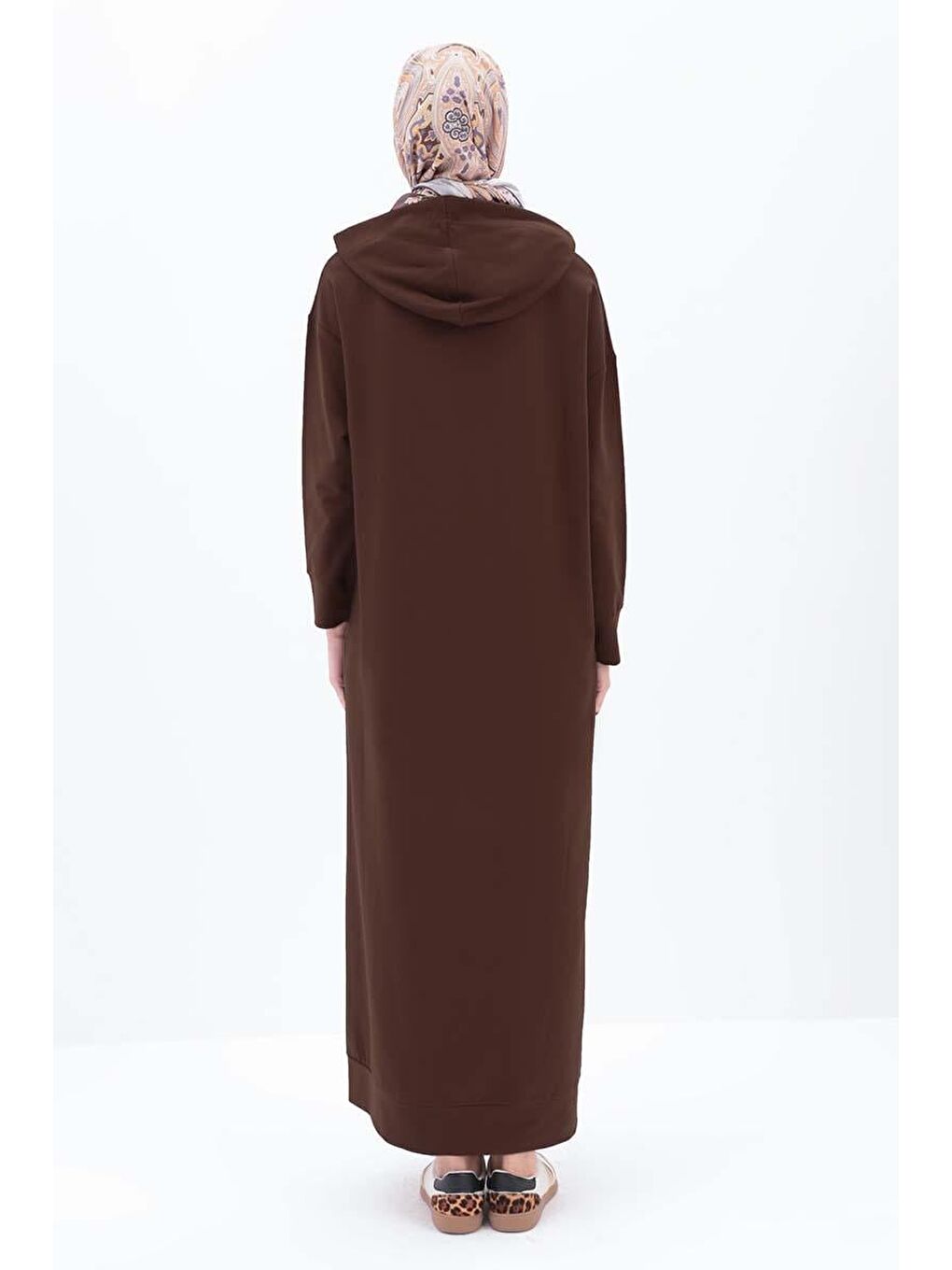 Kahverengi Kahve-Kapüşonlu Elastanlı Örme Elbise-3