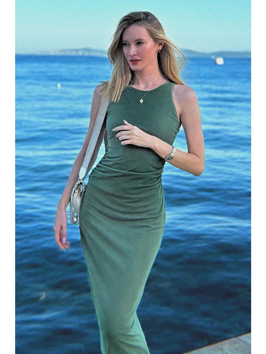 Yeşil Desenli File Yüksek Yaka Maxi Elbise Mg2097-8