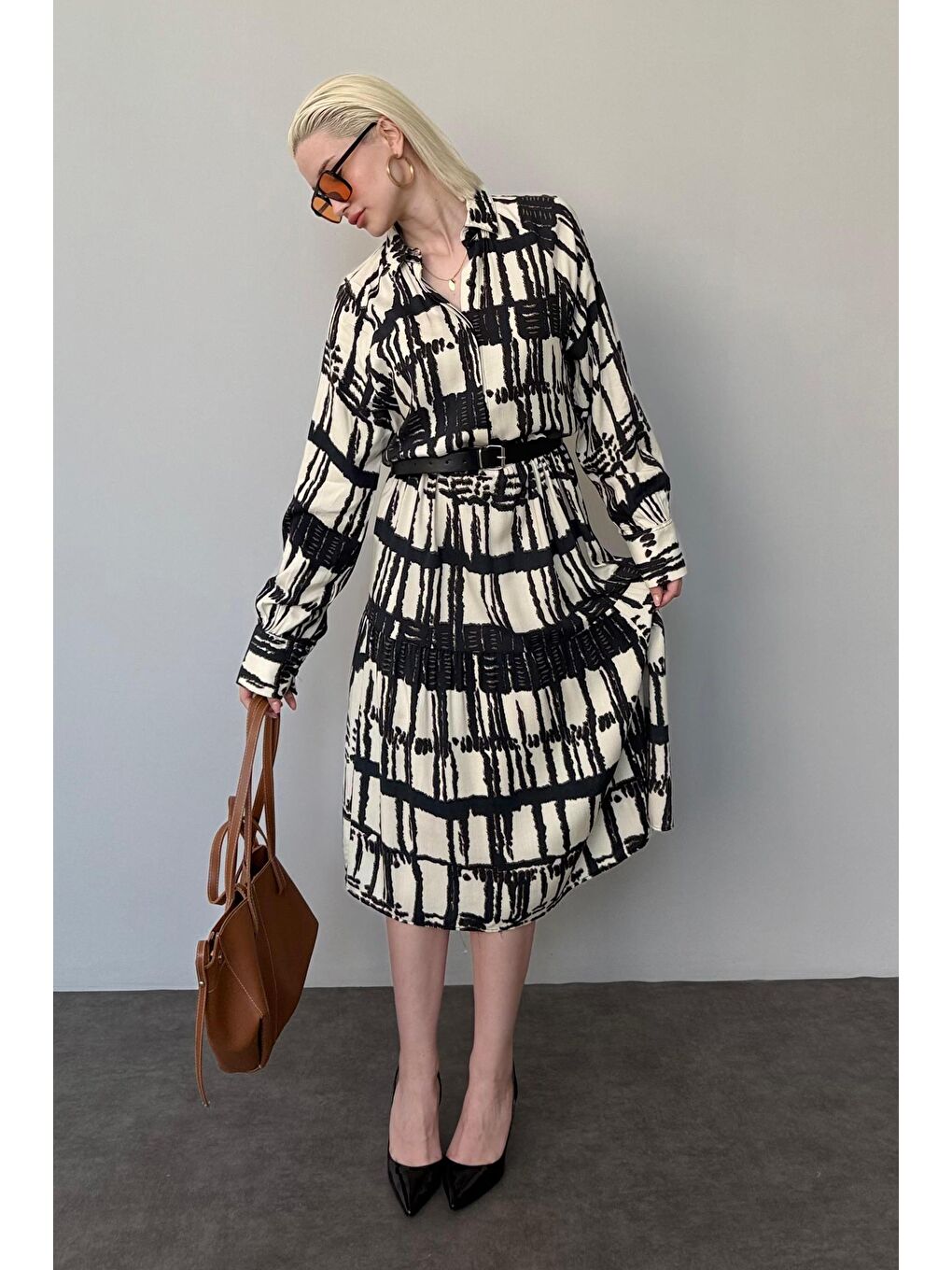 Ekru Uzun Kollu Düğmeli Desenli Elbise Mg2430-4