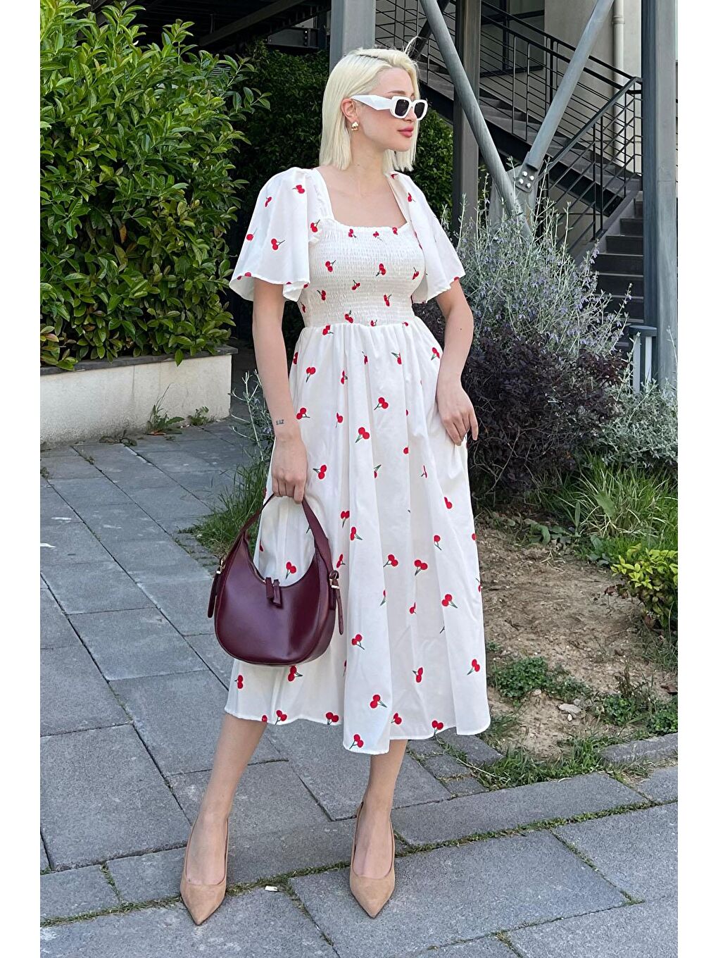 Beyaz Desenli Belden Lastikli Midi Elbise - Mg2101-6