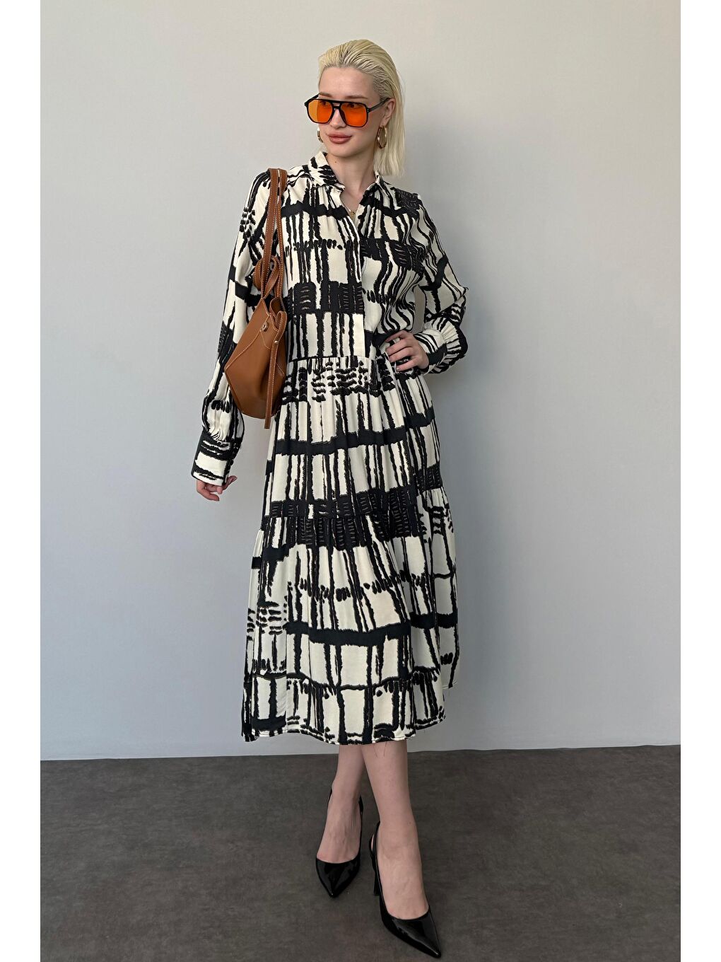 Ekru Uzun Kollu Düğmeli Desenli Elbise Mg2430-5