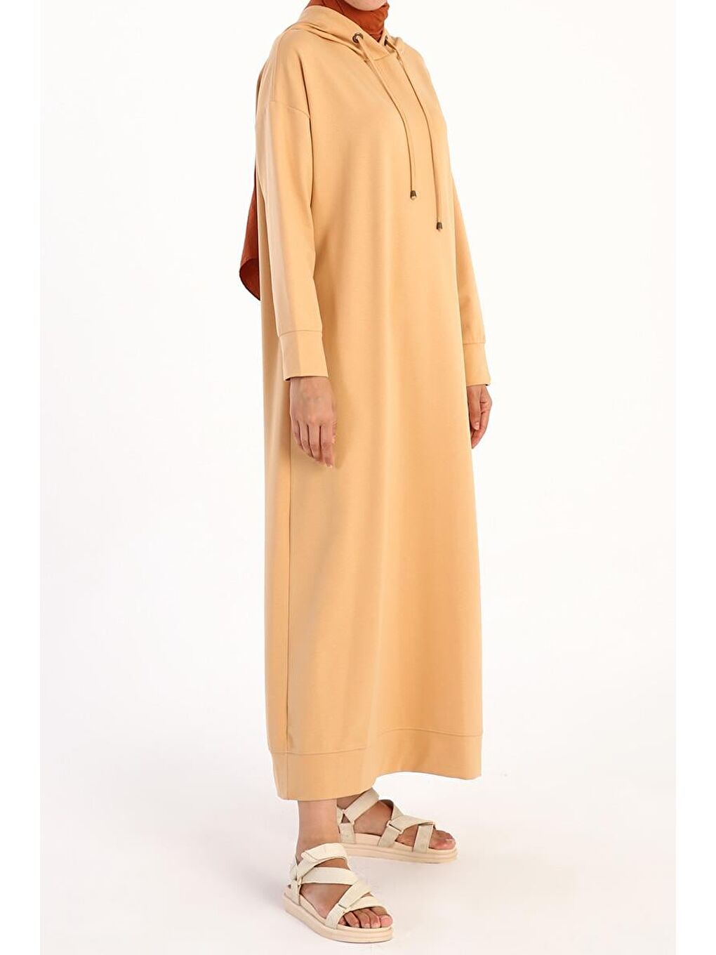 Açık Bej Basic Kapüşonlu Örme Pamuklu Elbise-2