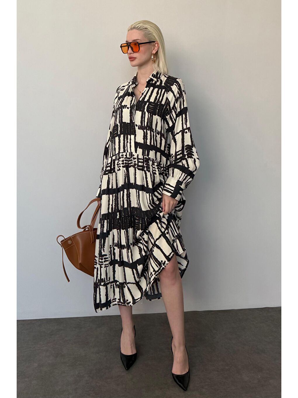 Ekru Uzun Kollu Düğmeli Desenli Elbise Mg2430-6