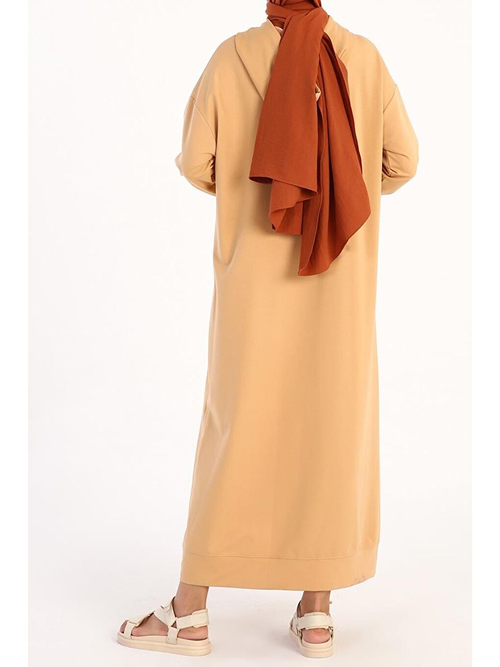 Açık Bej Basic Kapüşonlu Örme Pamuklu Elbise-3