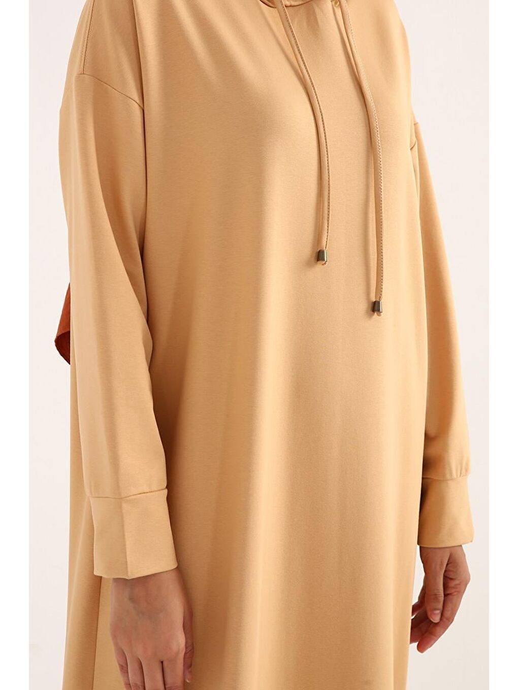 Açık Bej Basic Kapüşonlu Örme Pamuklu Elbise-4
