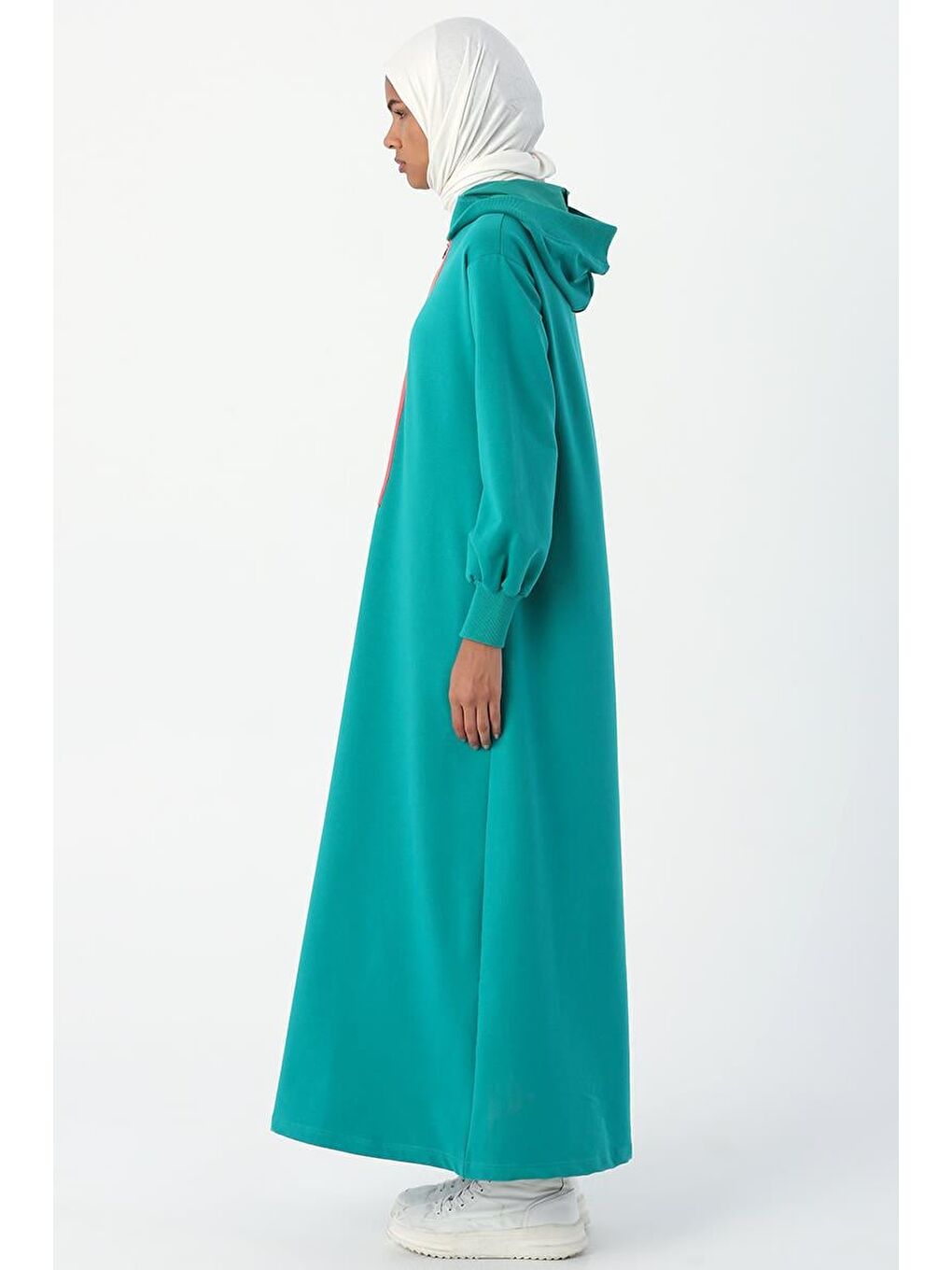 Zümrüt Yeşili Neon Şerit Detaylı Kapüşonlu Elbise-2