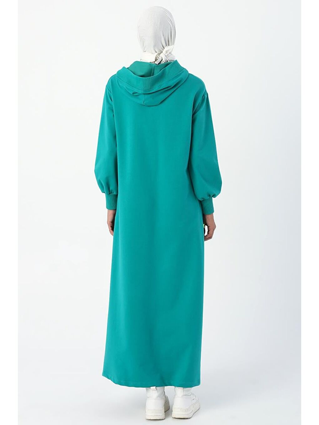 Zümrüt Yeşili Neon Şerit Detaylı Kapüşonlu Elbise-3