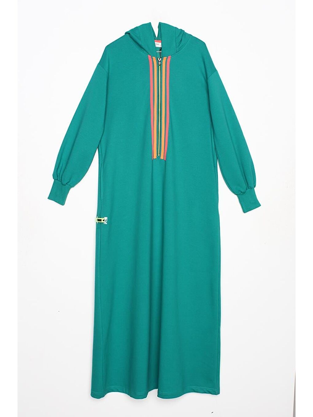 Zümrüt Yeşili Neon Şerit Detaylı Kapüşonlu Elbise-6