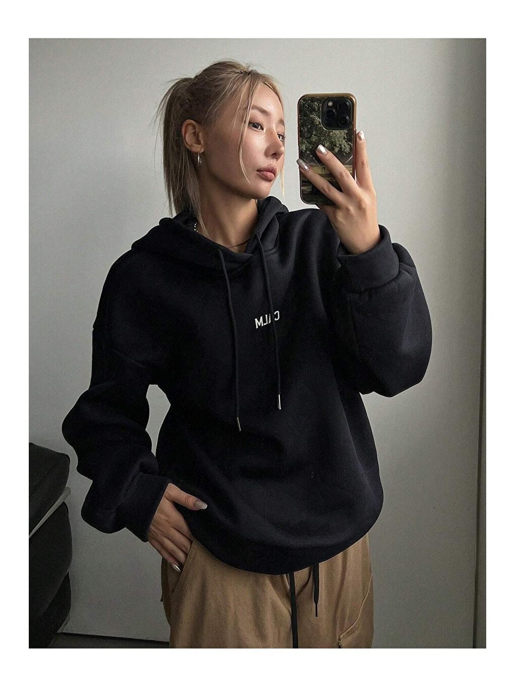 Trendseninle Siyah Kadın SİYAH Calm Growth Baskılı Oversize Kapüşonlu Sweatshirt - 1