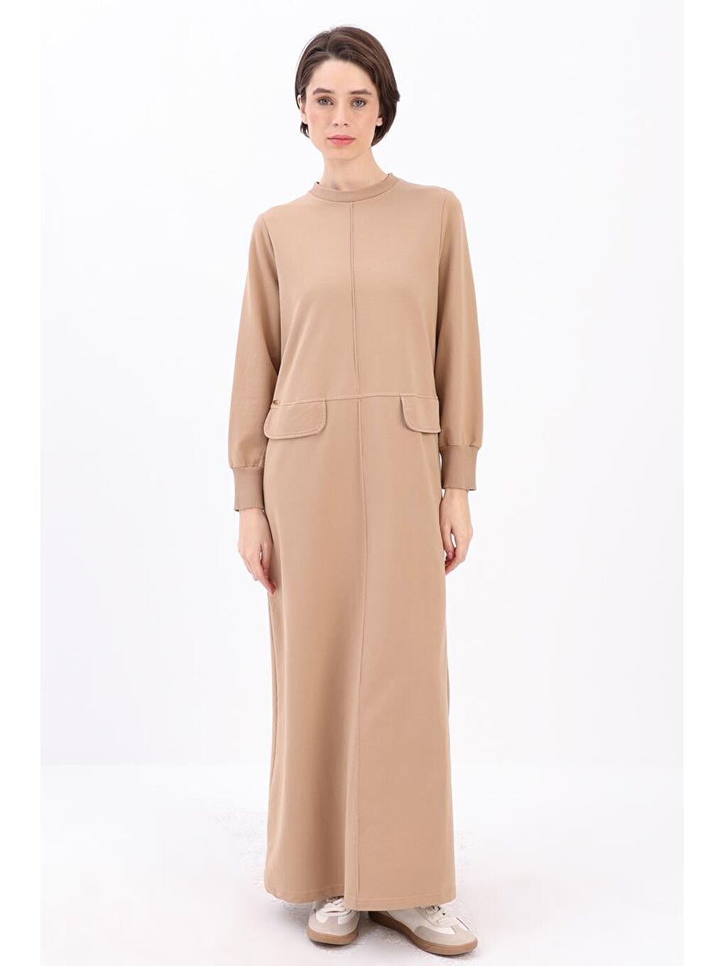 Bej Nervürlü Cepli Örme Elbise-1