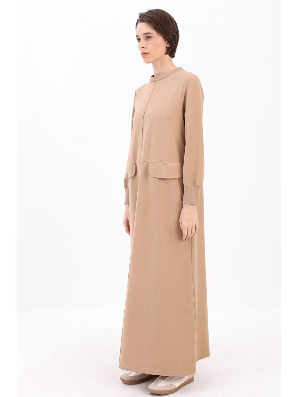 Bej Nervürlü Cepli Örme Elbise-2