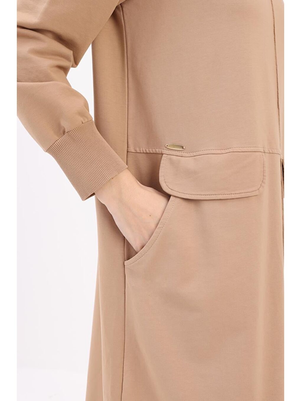 Bej Nervürlü Cepli Örme Elbise-4
