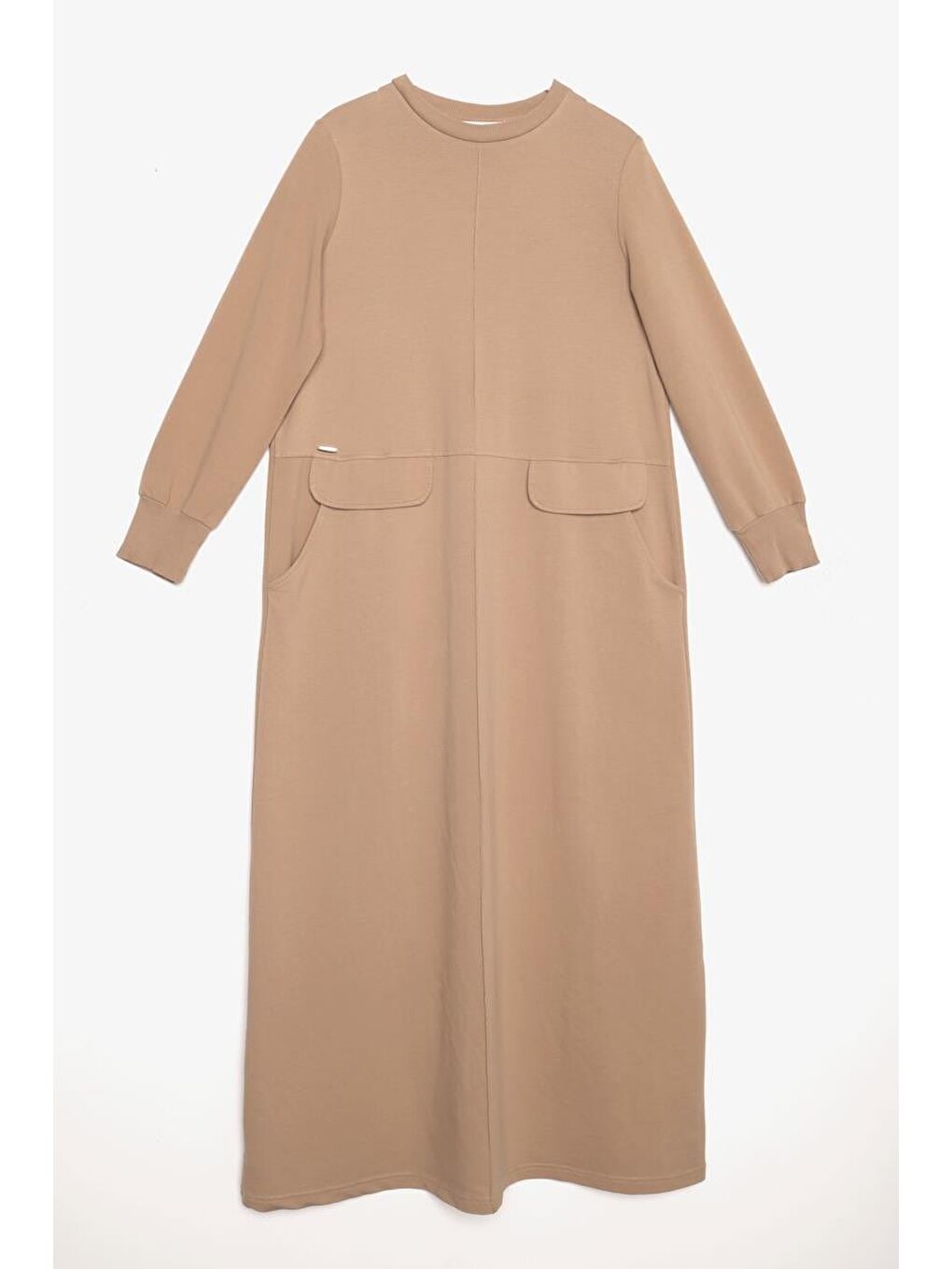 Bej Nervürlü Cepli Örme Elbise-5
