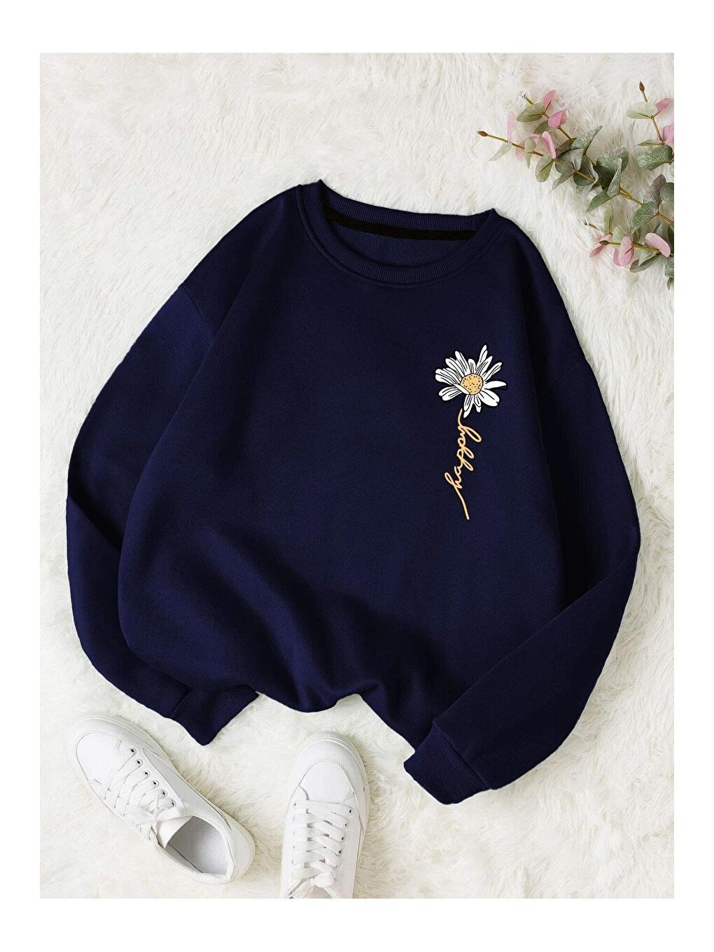 Trendseninle Lacivert Kadın LACİVERT Papatya Baskılı Bisiklet Yaka Sweatshirt