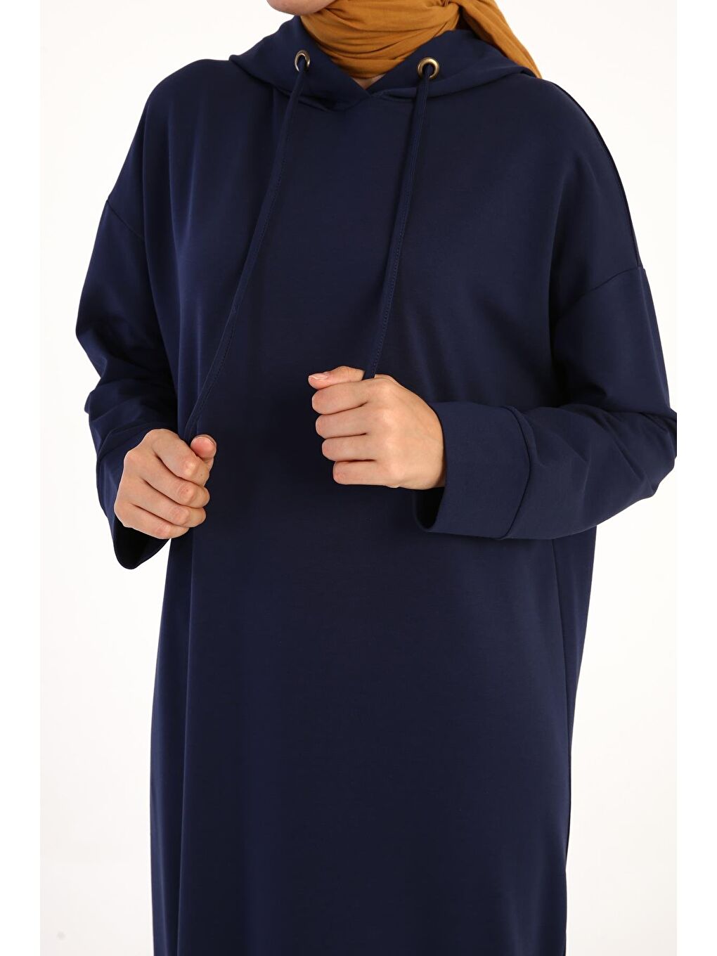 İndigo-Kapüşonlu Elastanlı Örme Elbise-3