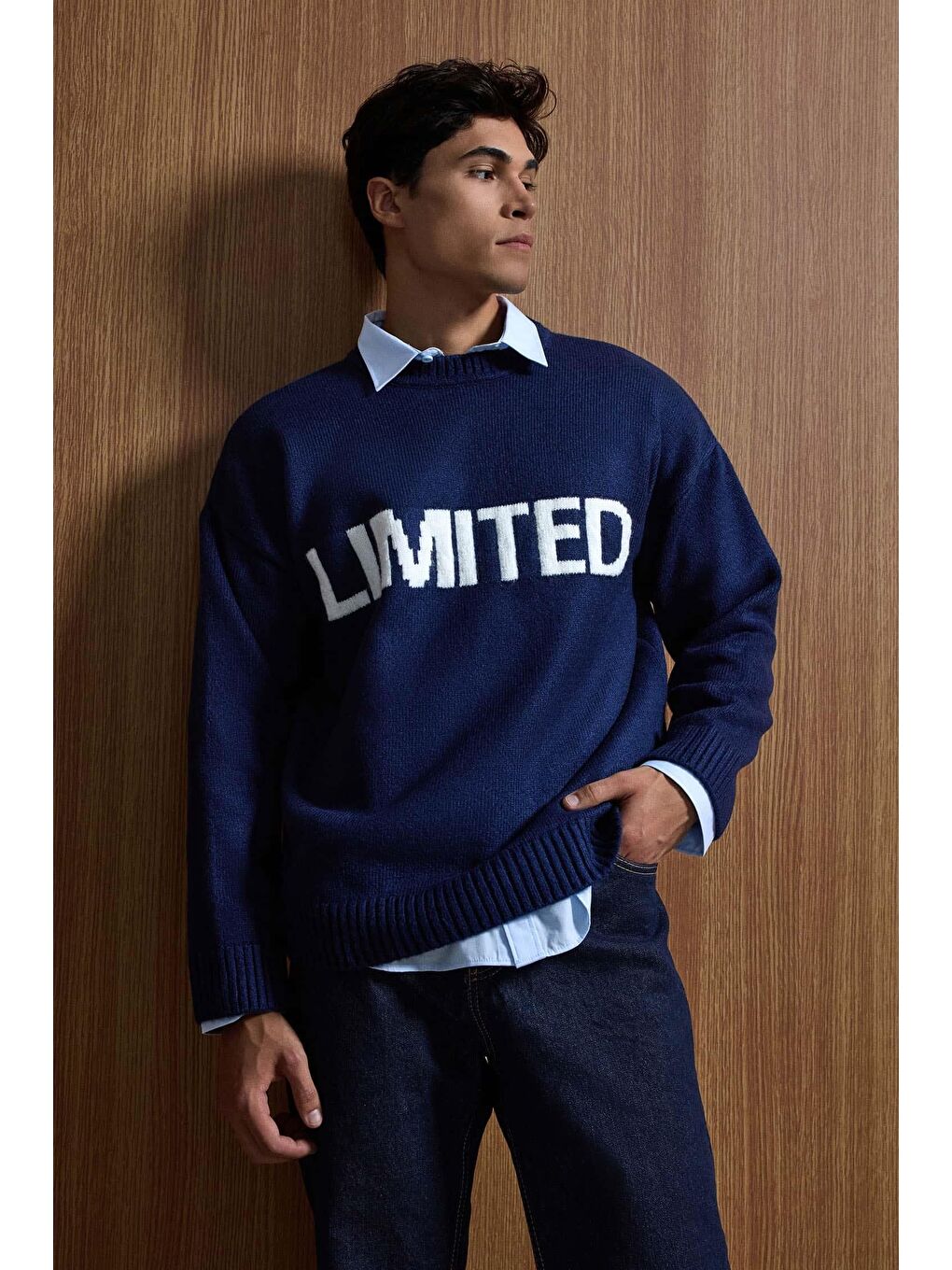 Erkek Oversize Limited Kabartma Baskılı Triko Kazak Lacivert-2