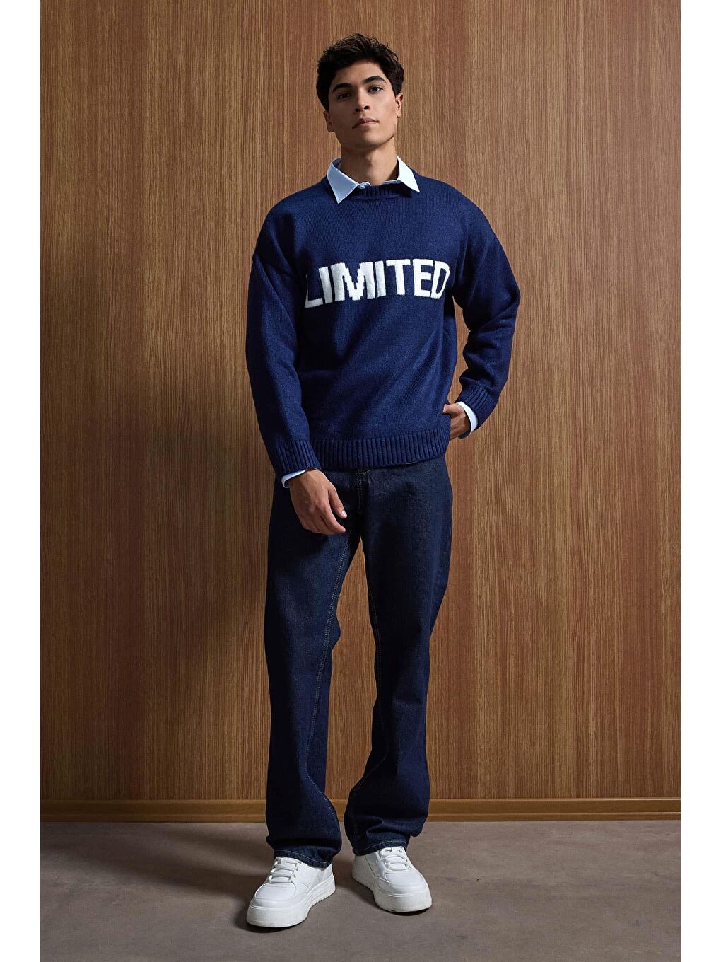 Erkek Oversize Limited Kabartma Baskılı Triko Kazak Lacivert-3