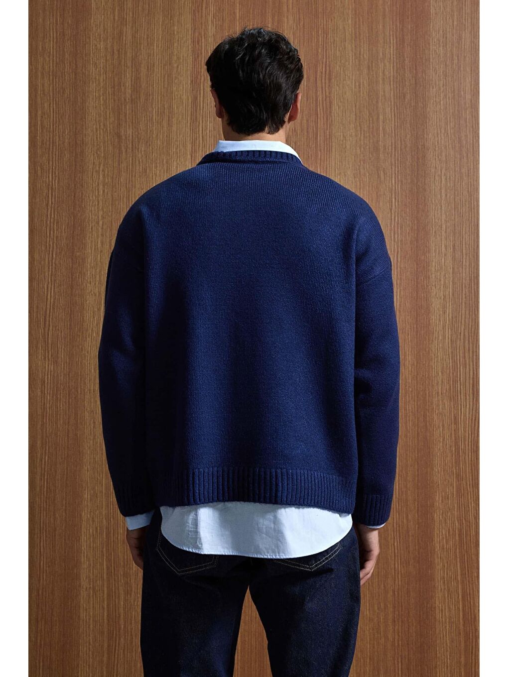 Erkek Oversize Limited Kabartma Baskılı Triko Kazak Lacivert-4