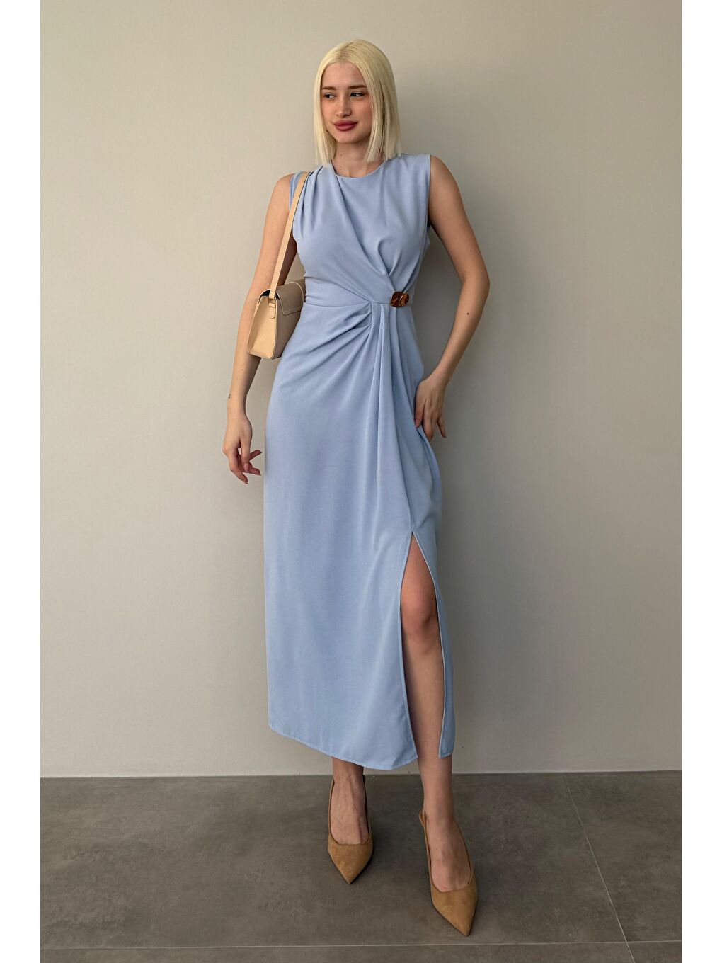 Mavi Bronşlu Midi Boy Kadın Elbise Mg2418