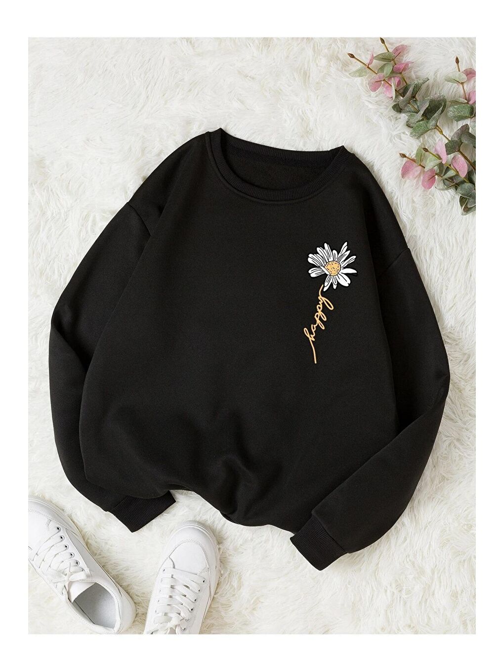 Trendseninle Siyah Kadın SİYAH Papatya Baskılı Bisiklet Yaka Sweatshirt