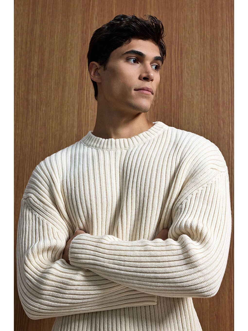 Erkek Oversize Fitilli Basic Triko Kazak Bej-1