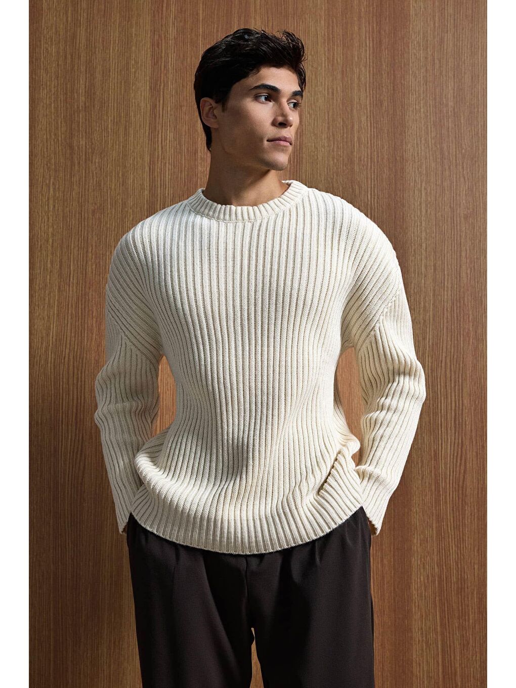 Erkek Oversize Fitilli Basic Triko Kazak Bej-2