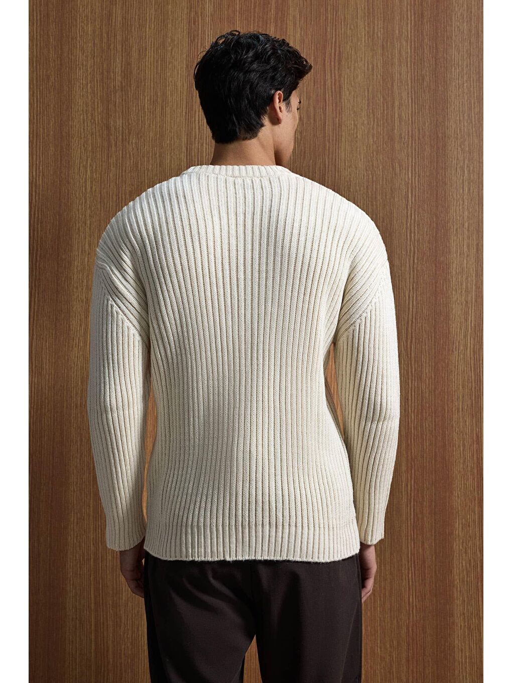 Erkek Oversize Fitilli Basic Triko Kazak Bej-4