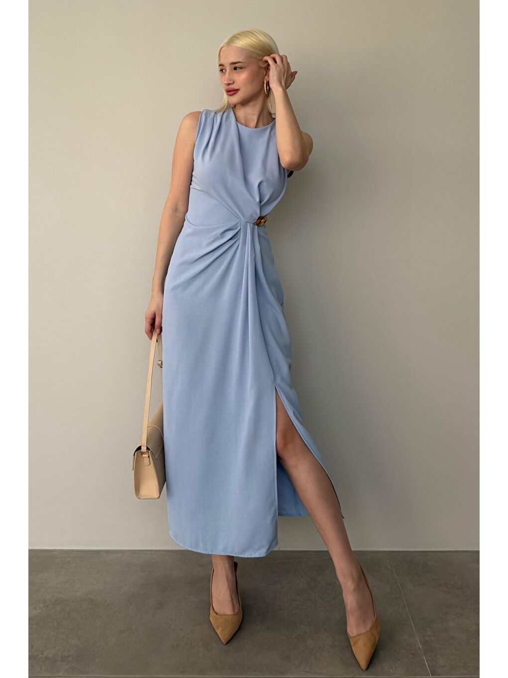 Mavi Bronşlu Midi Boy Kadın Elbise Mg2418-1